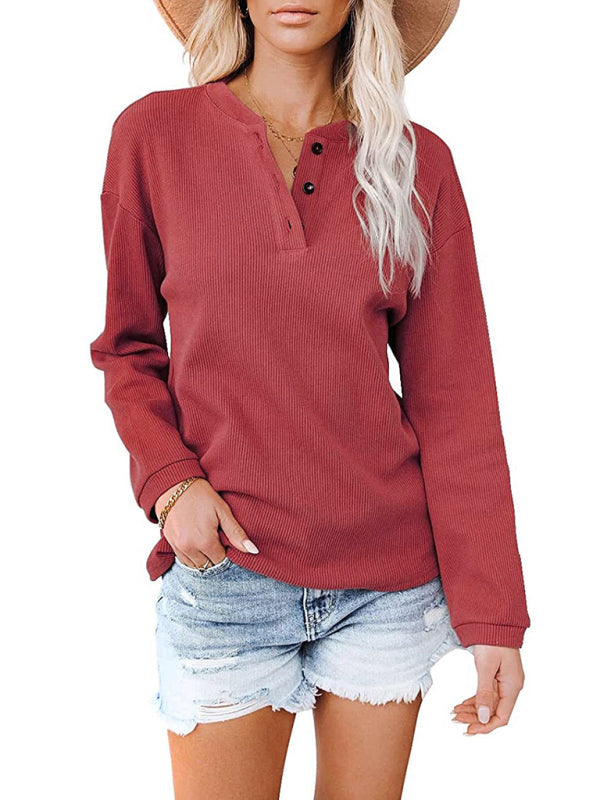 Damen Amazon Hot Style V-Ausschnitt Einfarbig Langarm Top T-Shirt 