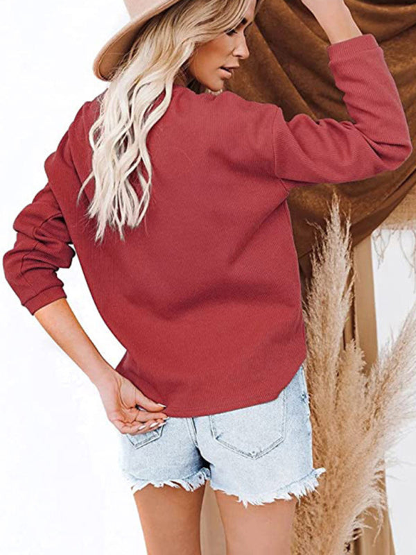 Damen Amazon Hot Style V-Ausschnitt Einfarbig Langarm Top T-Shirt 