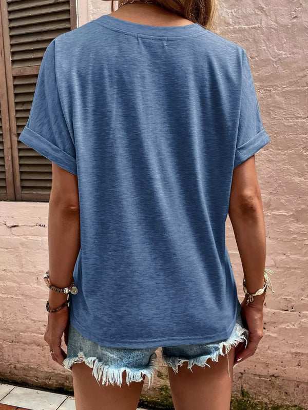 einfarbiges, lässiges Kurzarm-T-Shirt mit Knopfleiste 