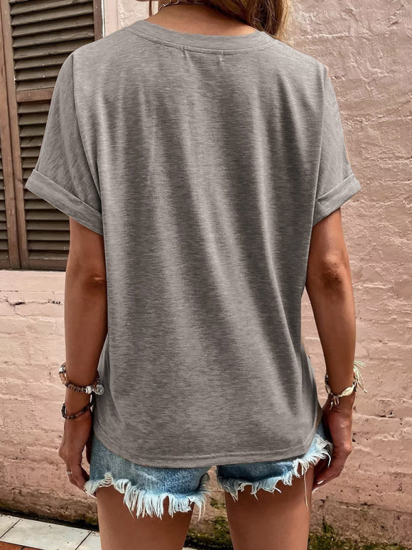 einfarbiges, lässiges Kurzarm-T-Shirt mit Knopfleiste 