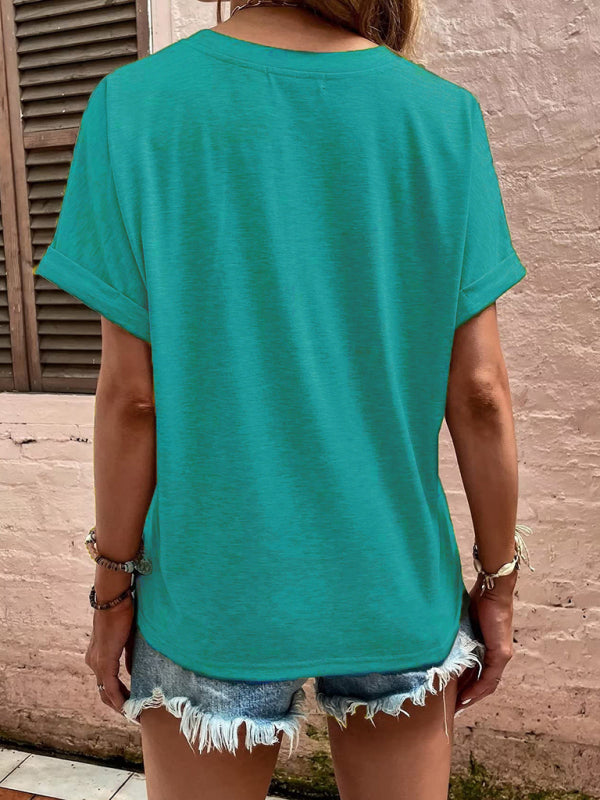 einfarbiges, lässiges Kurzarm-T-Shirt mit Knopfleiste 