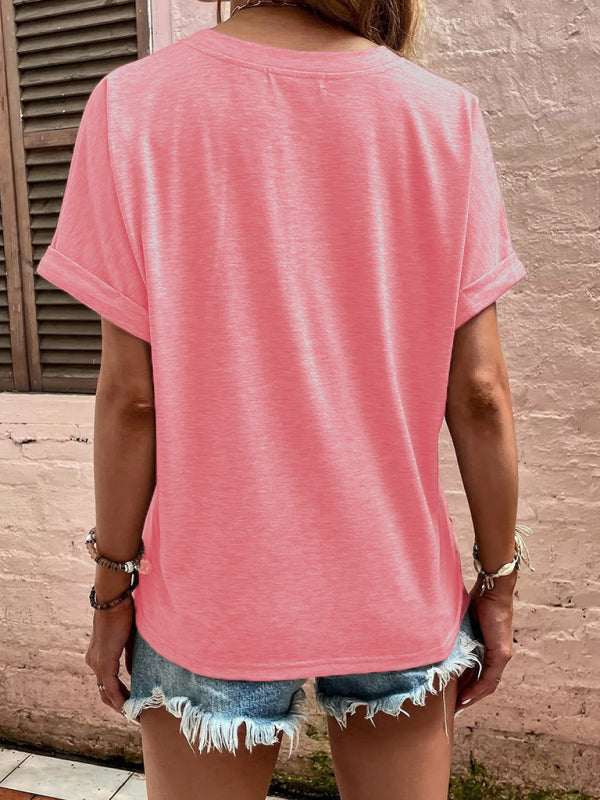 einfarbiges, lässiges Kurzarm-T-Shirt mit Knopfleiste 