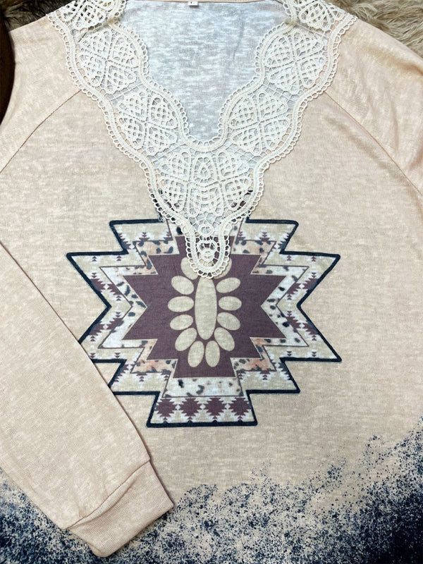 Gestricktes, lässiges Spitzentop mit ethnischem Azteken-Print für Damen 