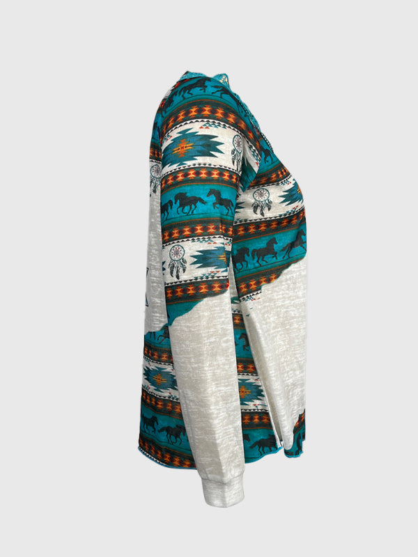 Gestricktes, lässiges Spitzentop mit ethnischem Azteken-Print für Damen 