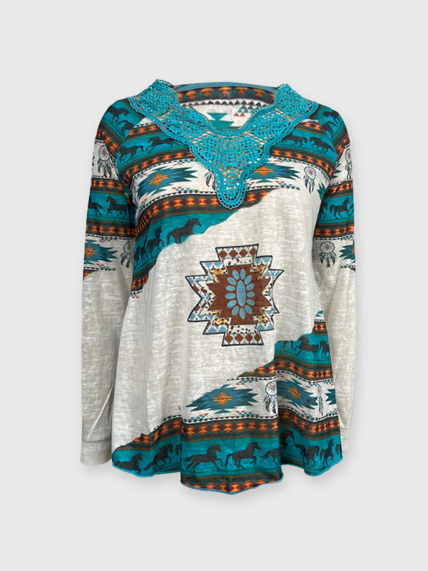 Gestricktes, lässiges Spitzentop mit ethnischem Azteken-Print für Damen 