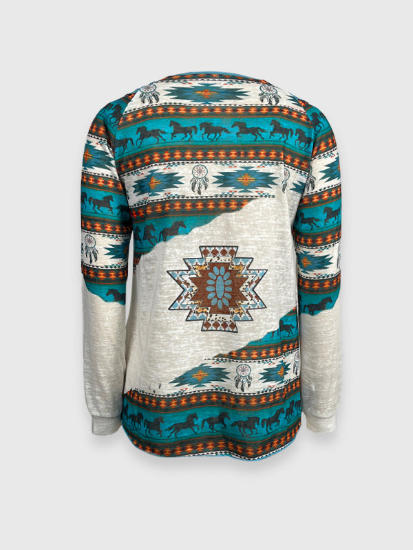 Gestricktes, lässiges Spitzentop mit ethnischem Azteken-Print für Damen 