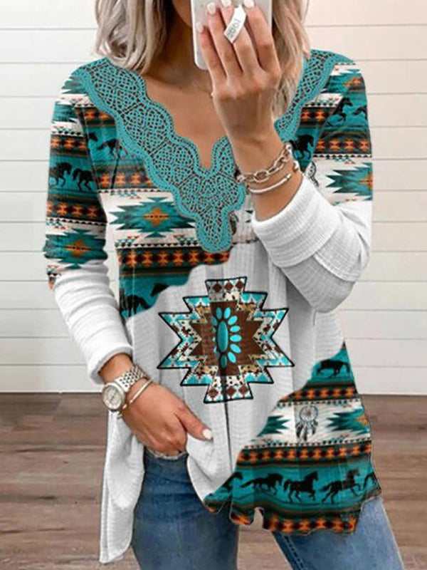 Gestricktes, lässiges Spitzentop mit ethnischem Azteken-Print für Damen 