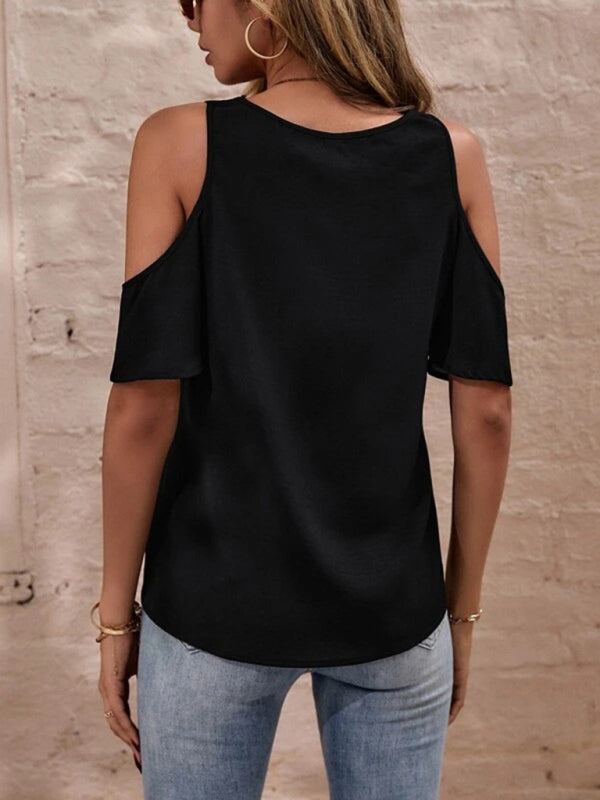 Solid color lace-trimmed V-neck off-the-shoulder short-sleeved top