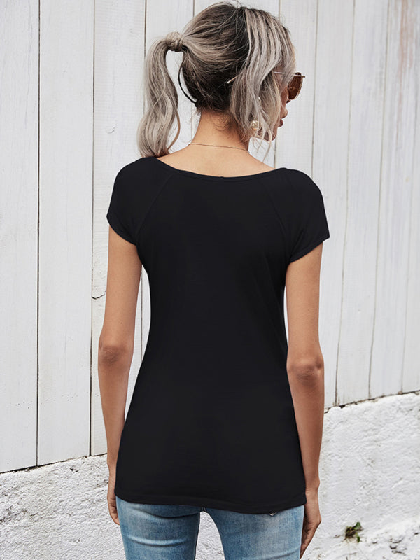 short-sleeved t-shirt female simple slim hollow round neck solid color top