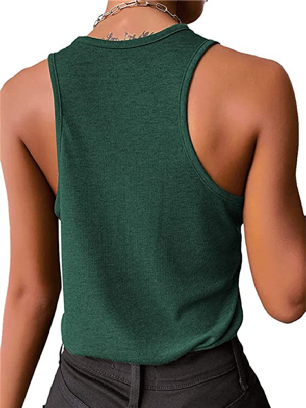 Solid Color Snap Button Casual Sleeveless Tank Top