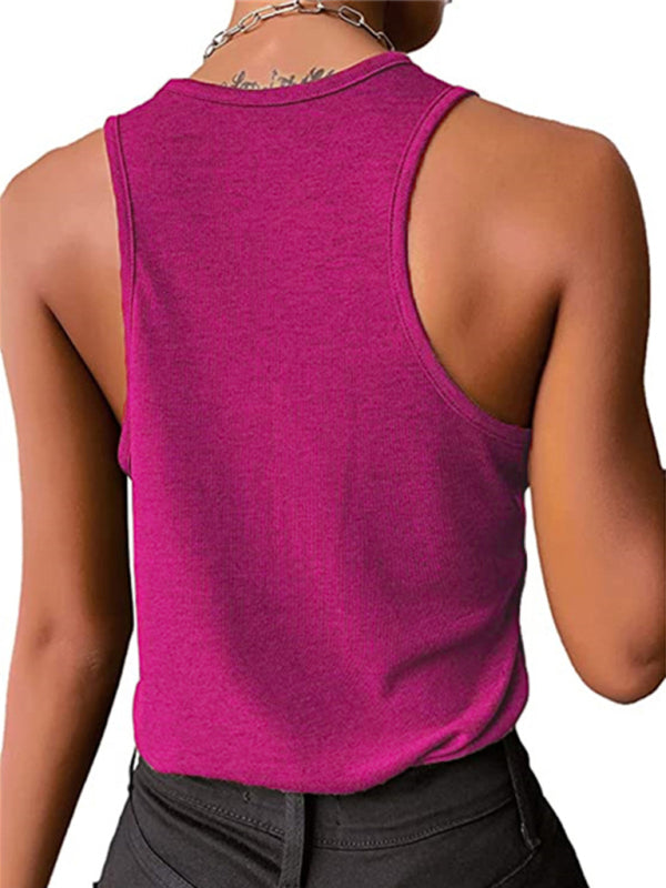 Solid Color Snap Button Casual Sleeveless Tank Top