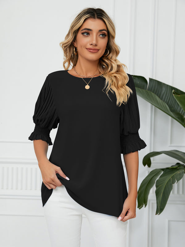 Woven Round Neck Ruffle Princess Sleeve Loose Chiffon Top