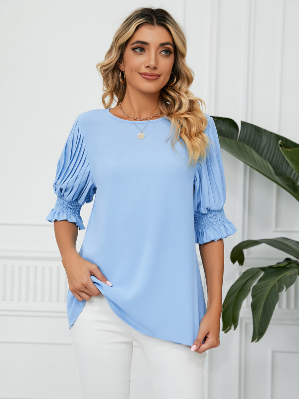 Woven Round Neck Ruffle Princess Sleeve Loose Chiffon Top