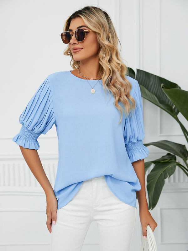 Woven Round Neck Ruffle Princess Sleeve Loose Chiffon Top