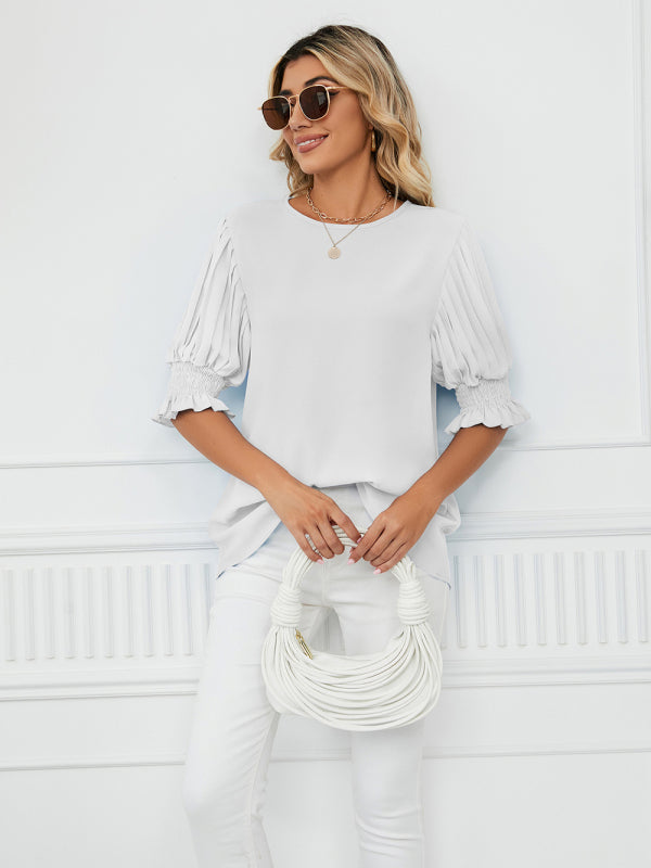Woven Round Neck Ruffle Princess Sleeve Loose Chiffon Top