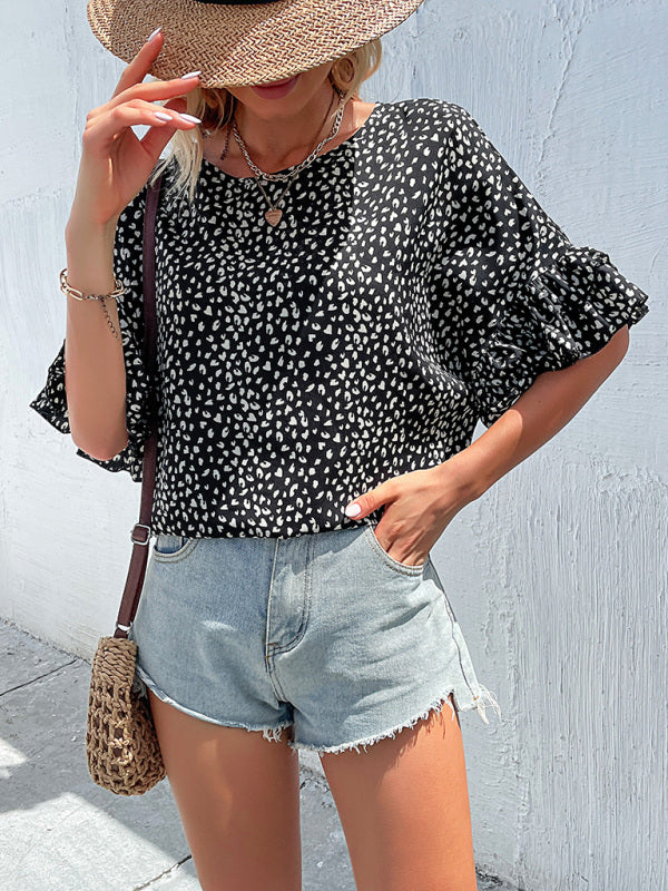 Woven Round Neck Leopard Dolman-Sleeve Shirt