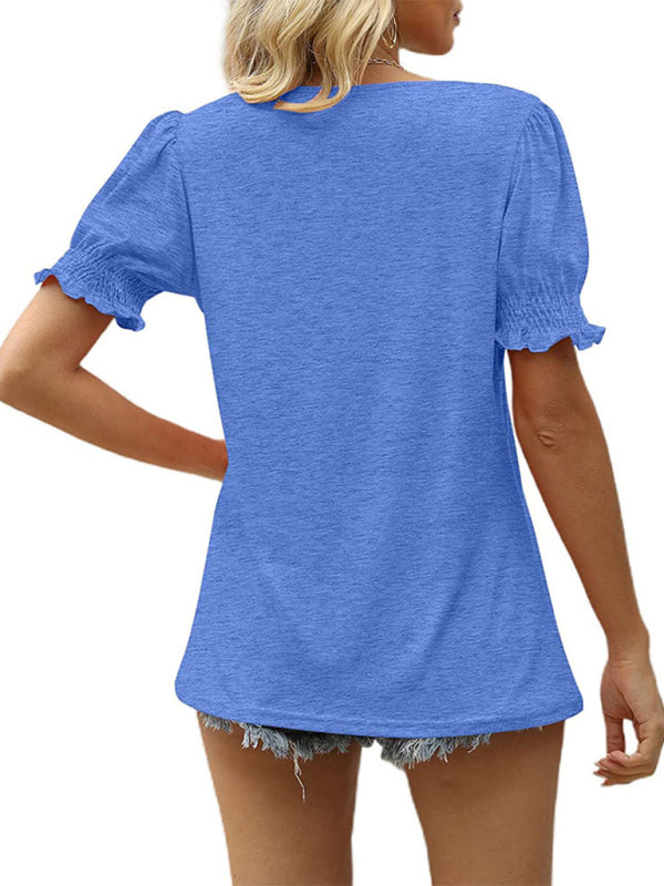 Summer's Puff Sleeve Pleated Short Sleeve V Neck T-Shirt