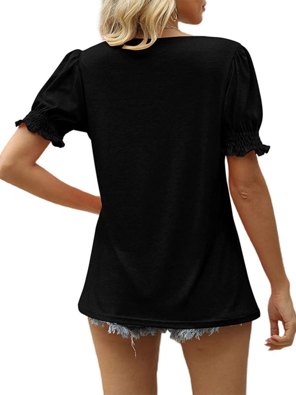 Summer's Puff Sleeve Pleated Short Sleeve V Neck T-Shirt