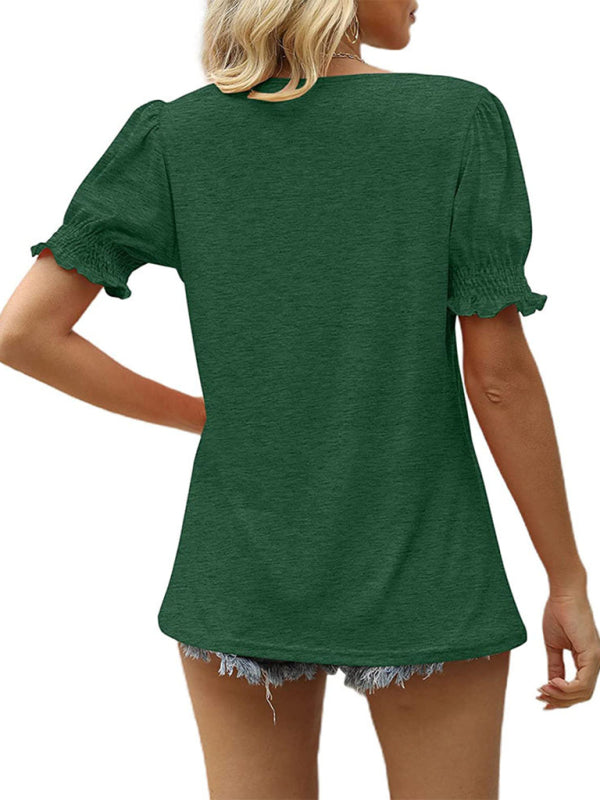 Summer's Puff Sleeve Pleated Short Sleeve V Neck T-Shirt