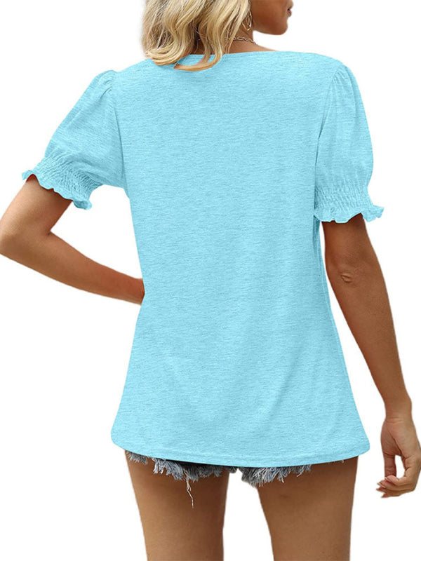 Summer's Puff Sleeve Pleated Short Sleeve V Neck T-Shirt