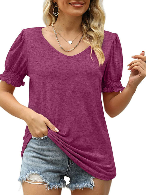 Summer's Puff Sleeve Pleated Short Sleeve V Neck T-Shirt