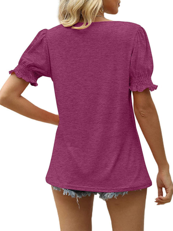 Summer's Puff Sleeve Pleated Short Sleeve V Neck T-Shirt