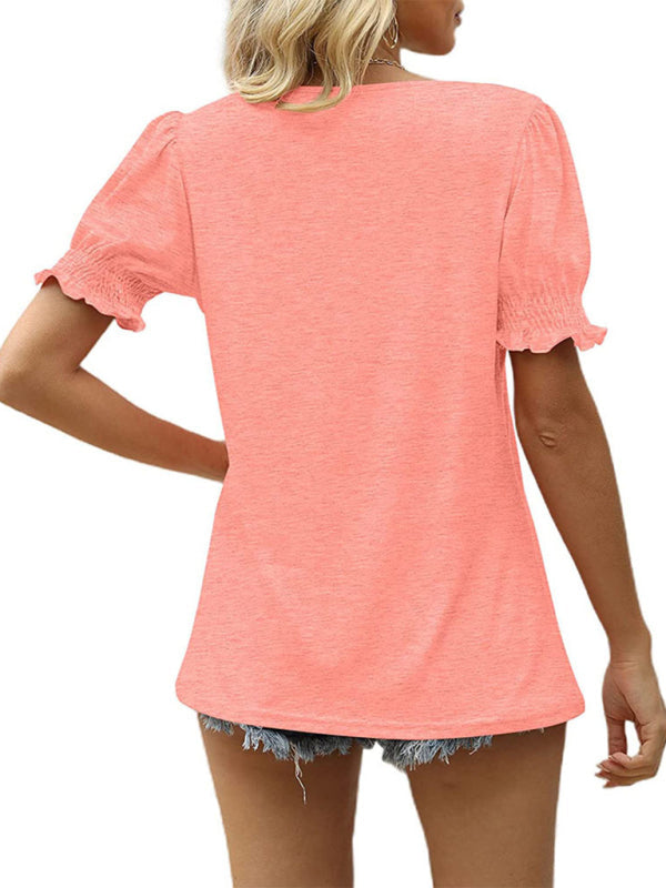 Summer's Puff Sleeve Pleated Short Sleeve V Neck T-Shirt