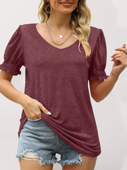 Summer's Puff Sleeve Pleated Short Sleeve V Neck T-Shirt
