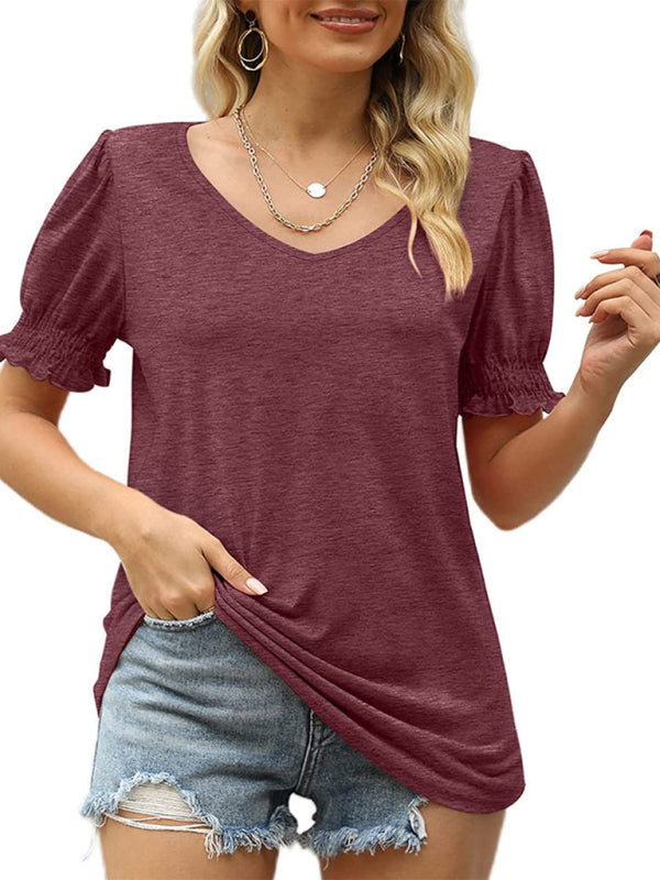 Summer's Puff Sleeve Pleated Short Sleeve V Neck T-Shirt