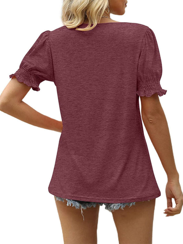 Summer's Puff Sleeve Pleated Short Sleeve V Neck T-Shirt