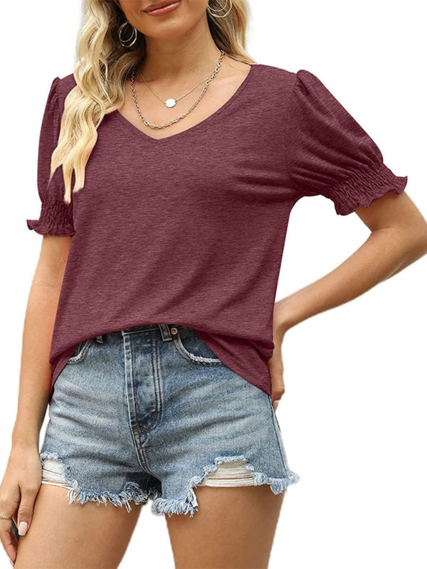Summer's Puff Sleeve Pleated Short Sleeve V Neck T-Shirt