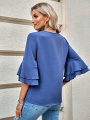 foreign trade solid color loose V-neck lotus leaf sleeve top's