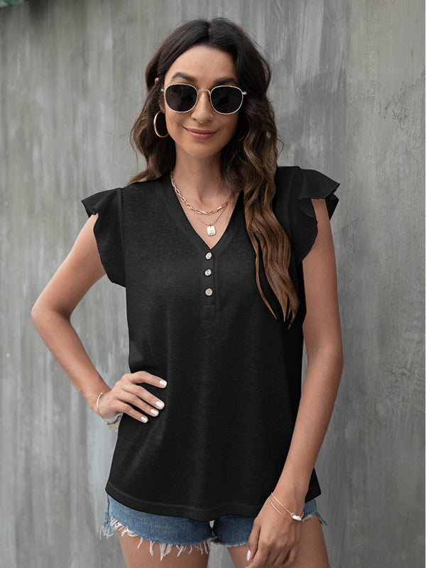 V-neck loose casual button ruffled sleeve top European American T-shirt