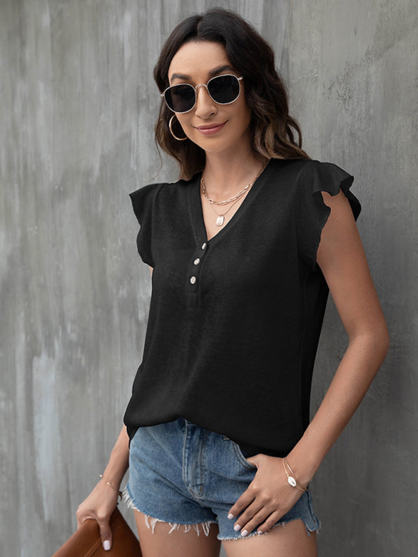 V-neck loose casual button ruffled sleeve top European American T-shirt
