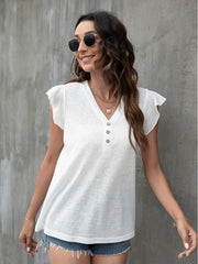 V-neck loose casual button ruffled sleeve top European American T-shirt