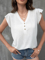 V-neck loose casual button ruffled sleeve top European American T-shirt