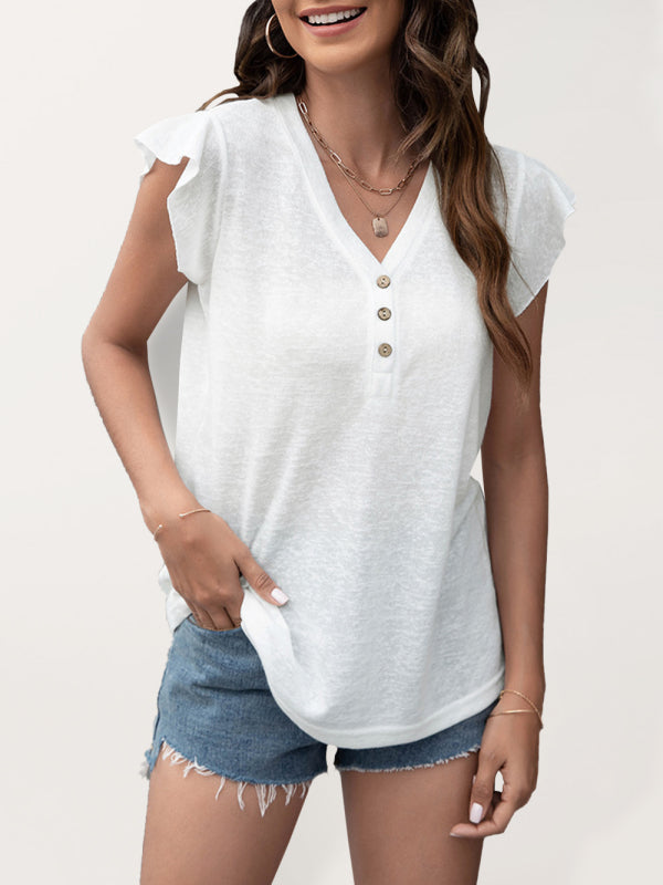 V-neck loose casual button ruffled sleeve top European American T-shirt