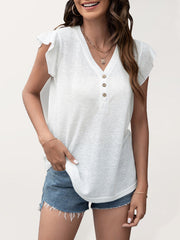 V-neck loose casual button ruffled sleeve top European American T-shirt