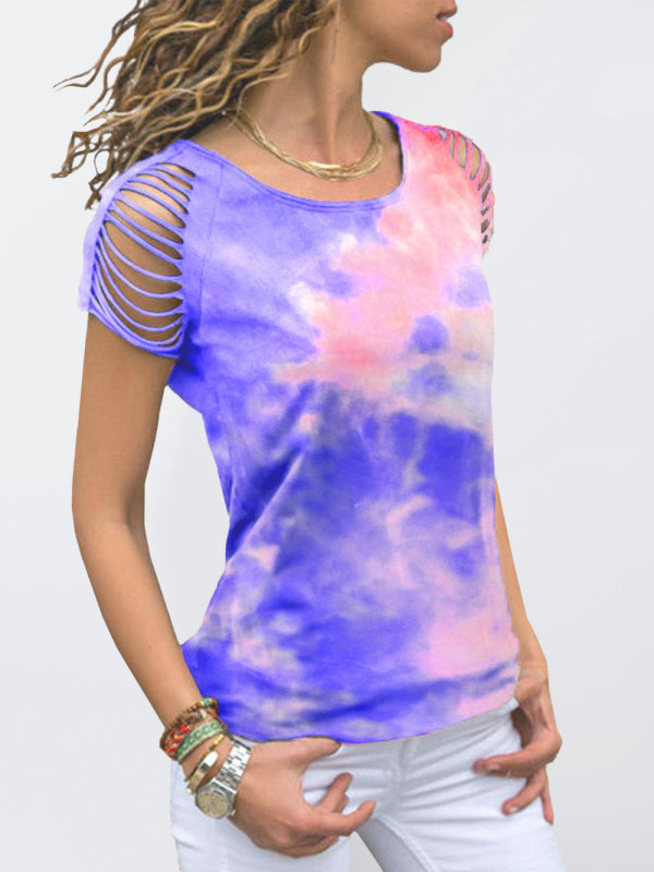 T-shirt à manches courtes déchiré et brûlé, effet tie-dye 