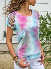 T-shirt à manches courtes déchiré et brûlé, effet tie-dye 