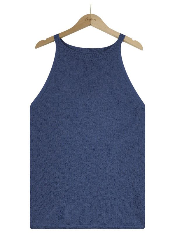 Einfarbige, lockere Neckholder-Strickweste 