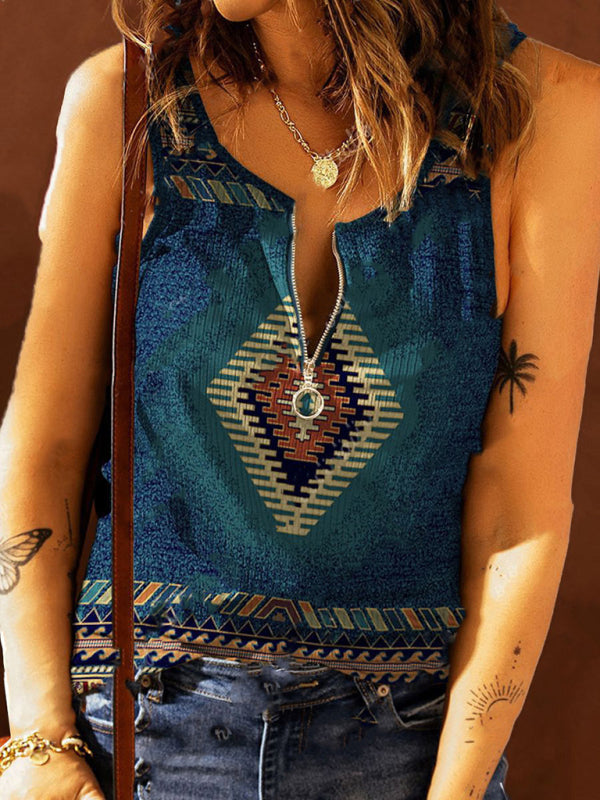 Gestricktes Tanktop für Damen im Ethno-Western-Stil mit halbem Reißverschluss und Aufdruck 