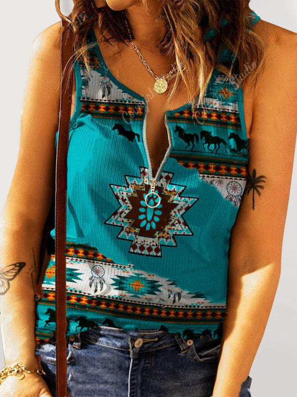 Gestricktes Tanktop für Damen im Ethno-Western-Stil mit halbem Reißverschluss und Aufdruck 