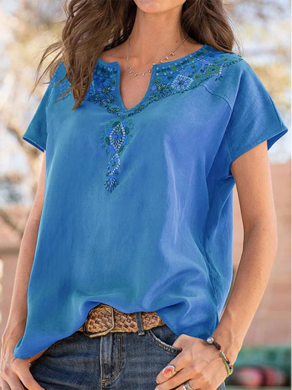 Woven Western Ethnic Style Loose Short Sleeve Top