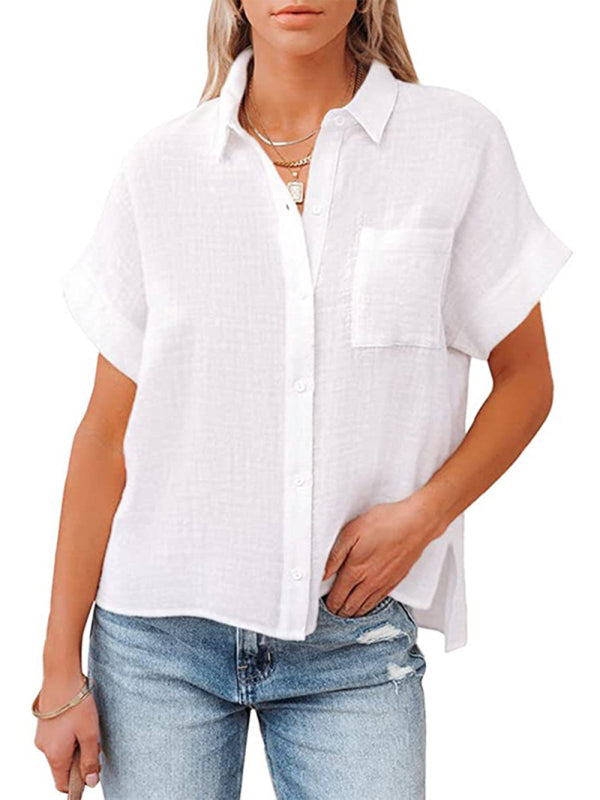 cotton linen short-sleeved casual side slit pocket shirt