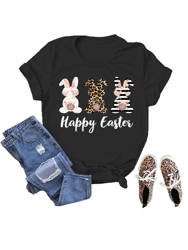 T-shirt à manches courtes pour femme avec imprimé lapin de Pâques HAPPY EASTER 