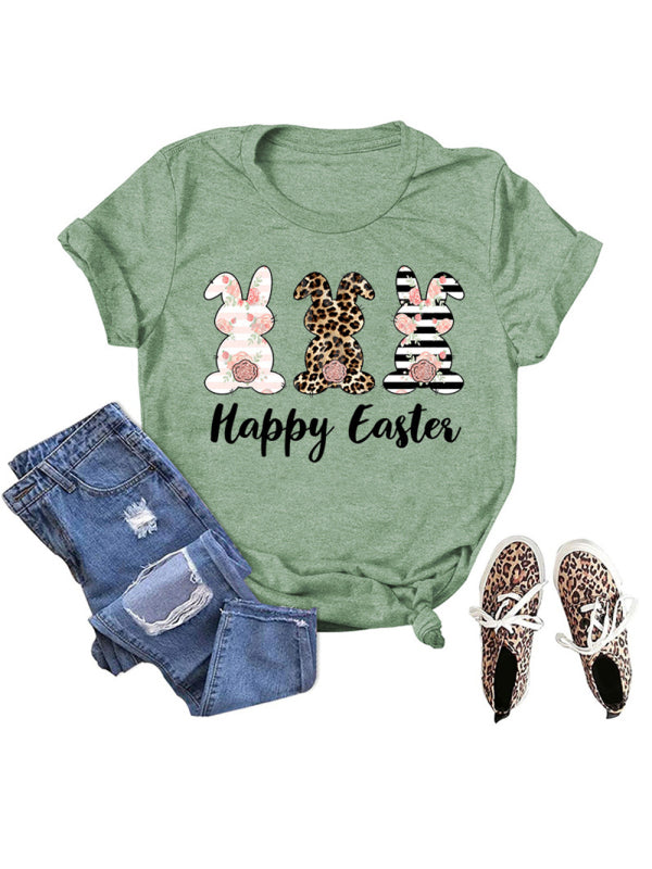T-shirt à manches courtes pour femme avec imprimé lapin de Pâques HAPPY EASTER 