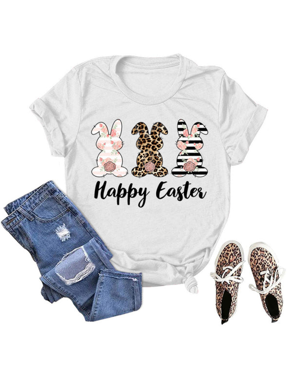 T-shirt à manches courtes pour femme avec imprimé lapin de Pâques HAPPY EASTER 