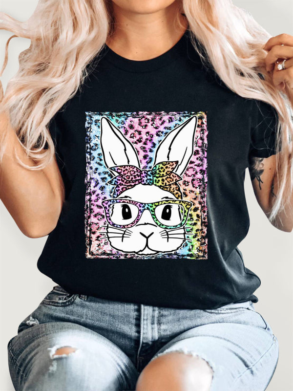 Damen-Kurzarm-T-Shirt mit Oster-Leoparden-Hasen-Print 