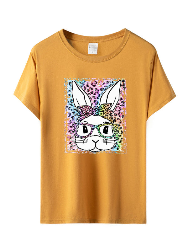 Damen-Kurzarm-T-Shirt mit Oster-Leoparden-Hasen-Print 